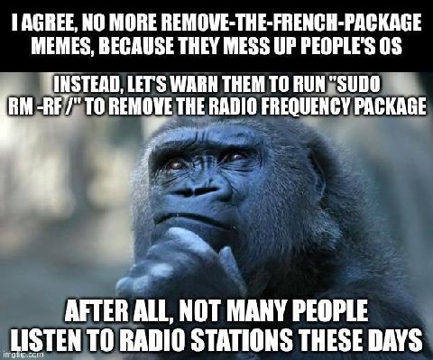 AGREE, NO MORE REMOVE-THE-FRENCH-PACKAGE MEMES, BECAUSE THEY MESS UP PEOPLE'S LET'S WARN THEM ТО ТО REMOVE THE RADIO FREQUENCY PACKAGE AFTER ALL, NOT MANY PEOPLE LISTEN TO RADIO STATIONS THESE DAYS