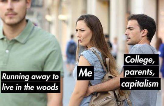 College, Running away to Me parents, live in the woods