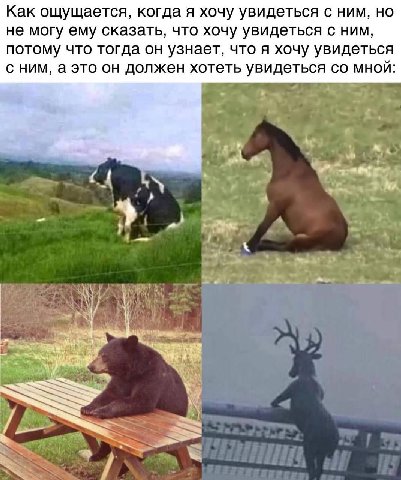 Как ощущается, когда я хочу увидеться с ним, но не могу ему сказать, что хочу увидеться с ним, потому что тогда он узнает, что я хочу увидеться с ним, а это он должен хотеть увидеться МНОЙ: у