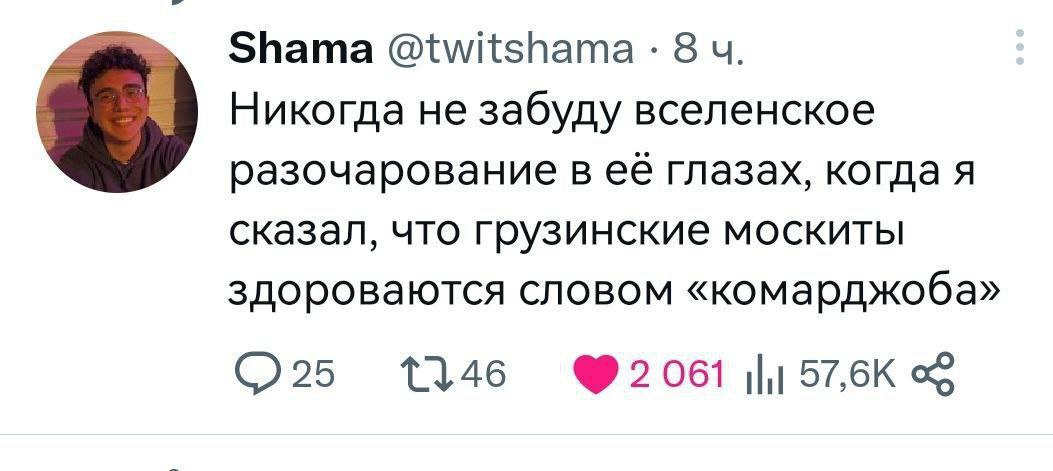 Shama @twitshama 8 Никогда не забуду вселенское разочарование в её глазах, когда я сказал, что грузинские москиты здороваются словом «комарджоба» 1146 ®2061 57,6К