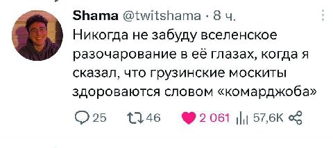 Shama @twitshama 8 Никогда не забуду вселенское разочарование в её глазах, когда я сказал, что грузинские москиты здороваются словом «комарджоба» 1146 ®2061 57,6К