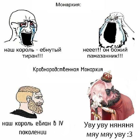 Монархия: нееет!! он божий наш король ебнутый тиран!!! памазанник!!! Кробнородстбенноя Монархия 4 наш король еблан 6 Уву уву HAHAHA поколении мяу мяу уву :3