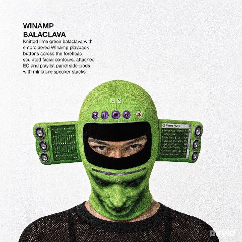 WINAMP BALACLAVA Knitted lime green balaclava with embroidered Winamp playback buttons across the forehead, sculpted facial contours, attached and playlist panel side-pods with miniature speaker stack