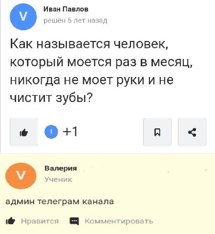 Иван Павлов решён 5 лет назад Как называется человек, который моется раз в месяц, никогда не моет руки и не чистит зубы? О +1 A Валерия Ученик админ телеграм канала Нравится Комментировать