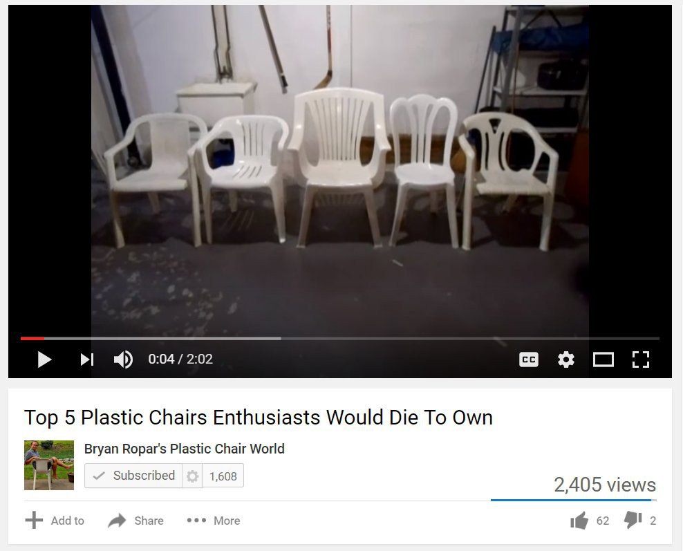 0:04/2:02 Top 5 Plastic Chairs Enthusiasts Would Die To Own Bryan Ropar's Plastic Chair World Subscribed 2,405 views it