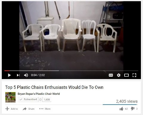 0:04/2:02 Top 5 Plastic Chairs Enthusiasts Would Die To Own Bryan Ropar's Plastic Chair World Subscribed 2,405 views it