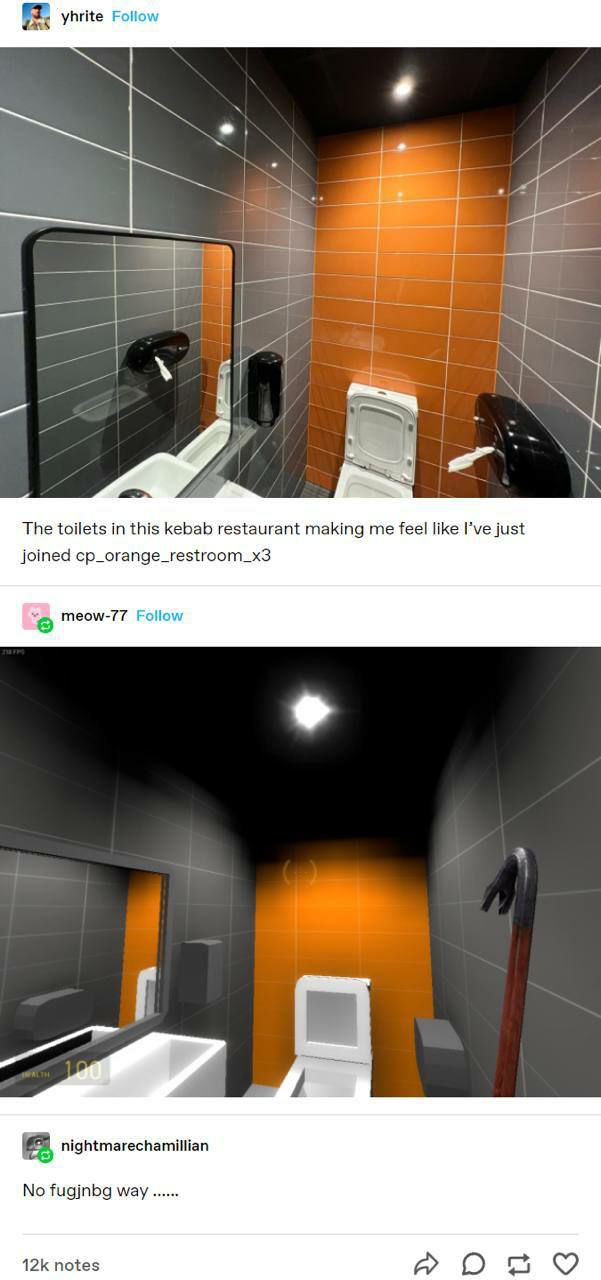 yhrite Follow 1 a a The toilets in this kebab restaurant making me feel like I’ve just joined cp_orange_restroom_x3 теом/-77 Follow a nightmarechamillian No fugjnbg way notes a