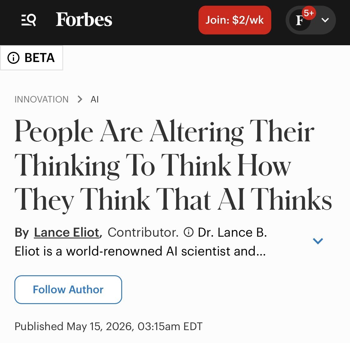 5+ Forbes Join: BETA INNOVATION People Are Altering Their Thinking To Think How They Think That Thinks Lance Eliot, Contributor. Lance В. Eliot is a world-renowned scientist and... Published May 15, 2