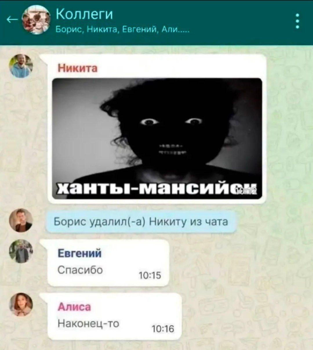 Коллеги Борис, Никита, Евгений, Али..... Никита Борис удалил(-а) Никиту из чата 2: Sey Евгений Спасибо 10:15 Алиса Наконец-то 10:16