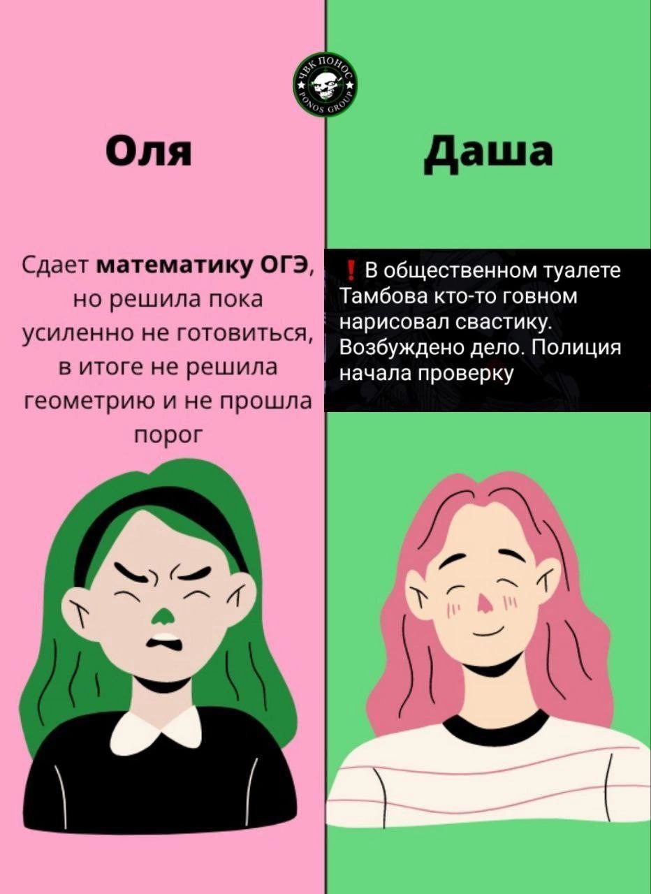 Оля Даша Сдает математику ОГЭ, В общественном туалете но решила пока Тамбова кто-то говном нарисовал свастику. усиленно не готовиться, Возбуждено дело. Полиция в итоге не решила начала проверку геомет