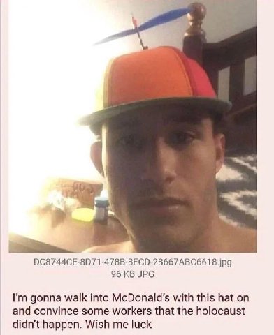 DC8744CE-8D71 -478B-8ECD-28667ABC661 8.jpg 96 JPG gonna walk into with this hat on and convince some workers that the holocaust didn’t happen. Wish me luck