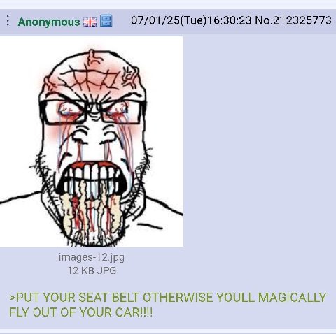 Anonymous 5 07/01/25(Тие)16:30:23 No.212325773 images-12.jpg 12 JPG >PUT YOUR SEAT BELT OTHERWISE YOULL MAGICALLY FLY OUT OF YOUR CAR!!!!