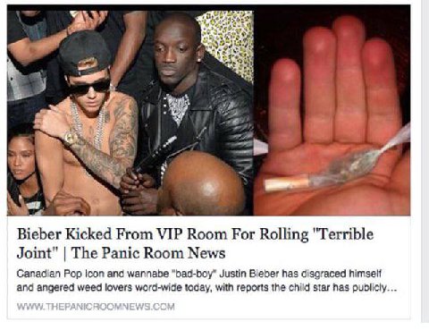 32 a Kicked From VIP Room For Rolling Joint" The Panic Room News Canadian Pop Icon and wannabe Justin Bieber has disgraced himself and angered weed lovers word-wide today, with reports the child star 