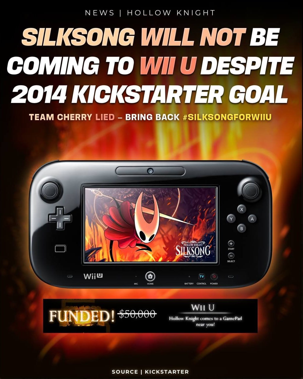 NEWS HOLLOW KNIGH SILKSONG WILL NOT BE COMING TO ИТО DESPITE 2014 KICKSTARTER GOAL TEAM CHERRY BRING witu SOURCE KICKSTARTER