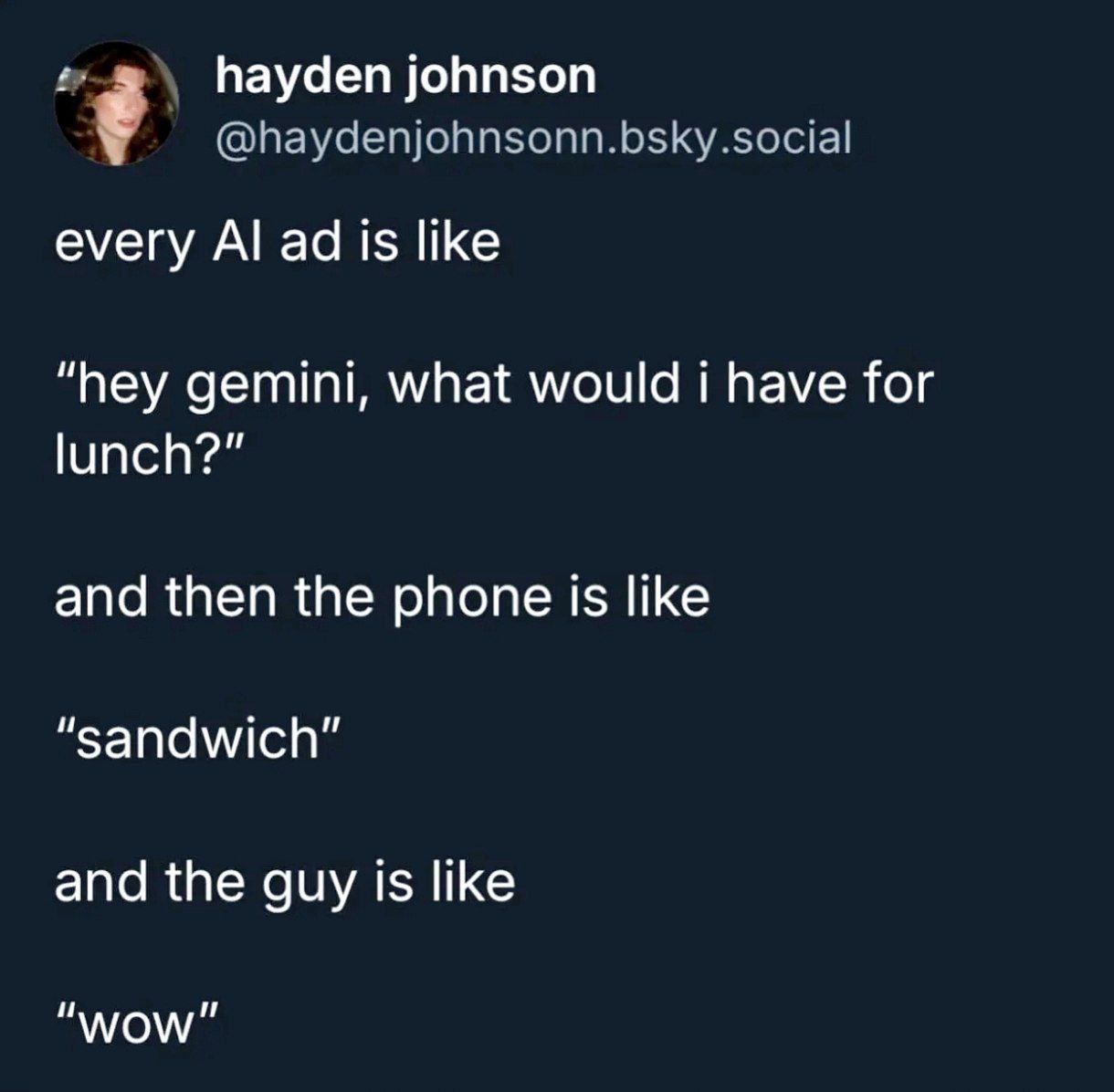 hayden johnson @haydenjohnsonn.bsky.social every is like “hey gemini, what would i have for lunch?” and then the phone is like “sandwich” and the guy is like "WOW