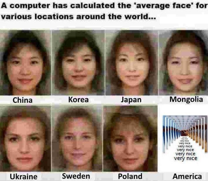 А computer has calculated the ‘average face’ for various locations around the world... НЕ China Korea pan Mongolia 2322 very nice i very nice very nice very nice very nice Ukraine Sweden Poland Americ