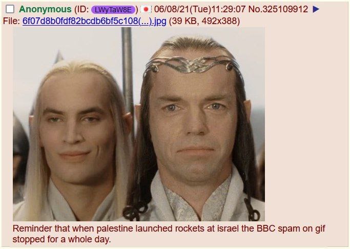 Anonymous No.325109912 File: (39 5 a 4 Reminder that when palestine launched rockets at israel the BBC spam on gif stopped for a whole day.