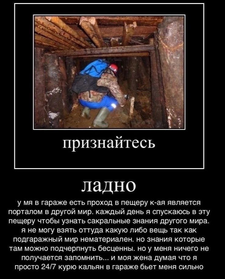 3 признайтесь ладно у в гараже есть проход в пещеру к-ая является порталом в другой мир. каждый день я спускаюсь в эту пещеру чтобы узнать сакральные знания другого мира. я не могу взять оттуда какую 