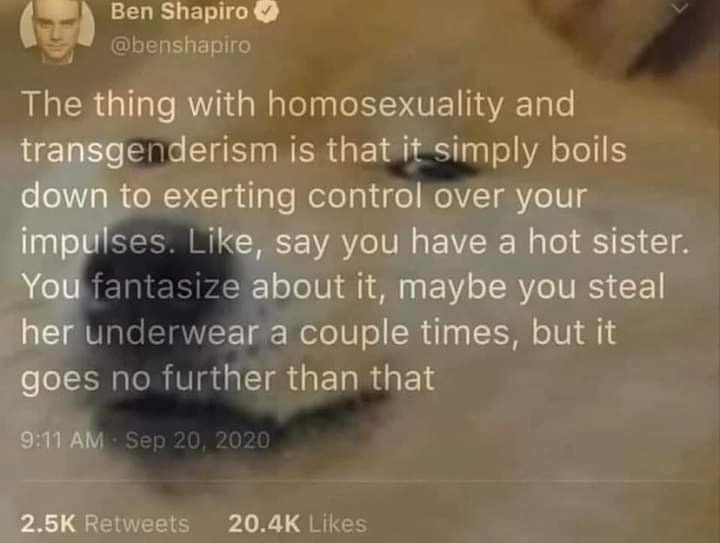 Ben pire The thing with homosexuality and transge derism is that it simply boils down to exerting control over your say you have a hot sister You about it, maybe you steal her a couple times, but it д