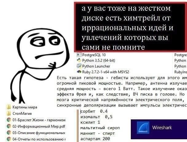 вас тоже на жестком диске есть химтрейл иррациональных идей И увлечений которых вы сами не помните PostgreSQL 10 Postgre Python 3.5.2 (64-bit) Python Python Launcher Python Ruby with MSYS2 Есть такая 