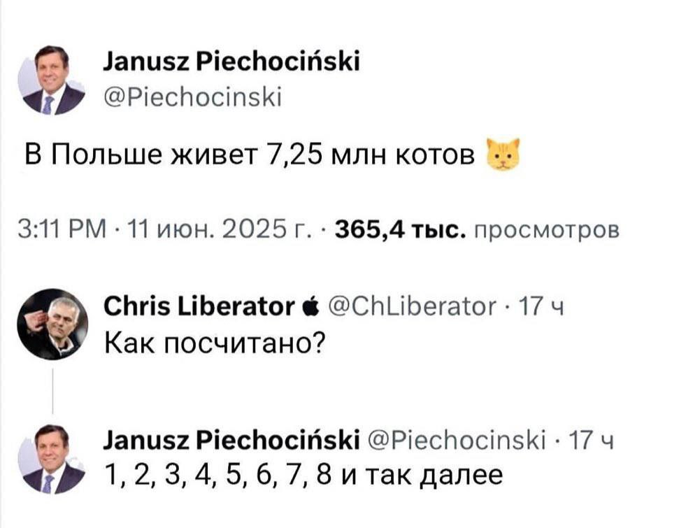 Janusz Piechociriski @Piechocinski В Польше живет 7,25 млн котов 3:11 11 июн. 2025 365,4 тыс. просмотров Chris Liberator 174 Как посчитано? Janusz Piechocinski @Piechocinski 17 4 1,2,3,4,5, 6, 7, 8 и 