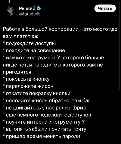 Рыжий Работа в большой корпорации это место где вам платят за: подождите доступы походите на совещание изучите инструмент У которого больше нигде нет, и парадигмы которого вам не пригодятся покрасьте 