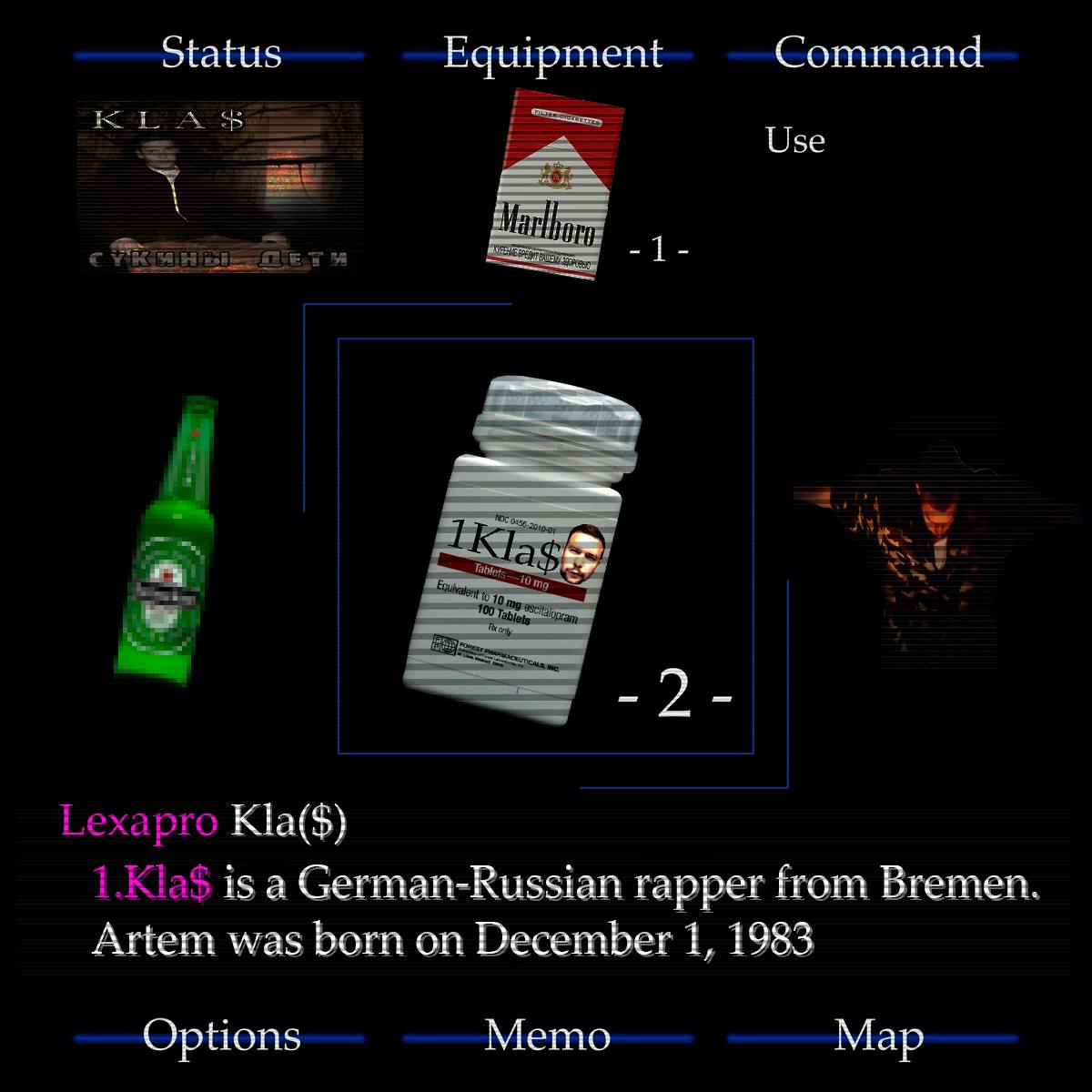Status Equipment Command Use 1 и 1 Гехарго i.KlaS is а German-Russian rapper from Bremen. Artem was born on December 1, 1983 Options Memo Map