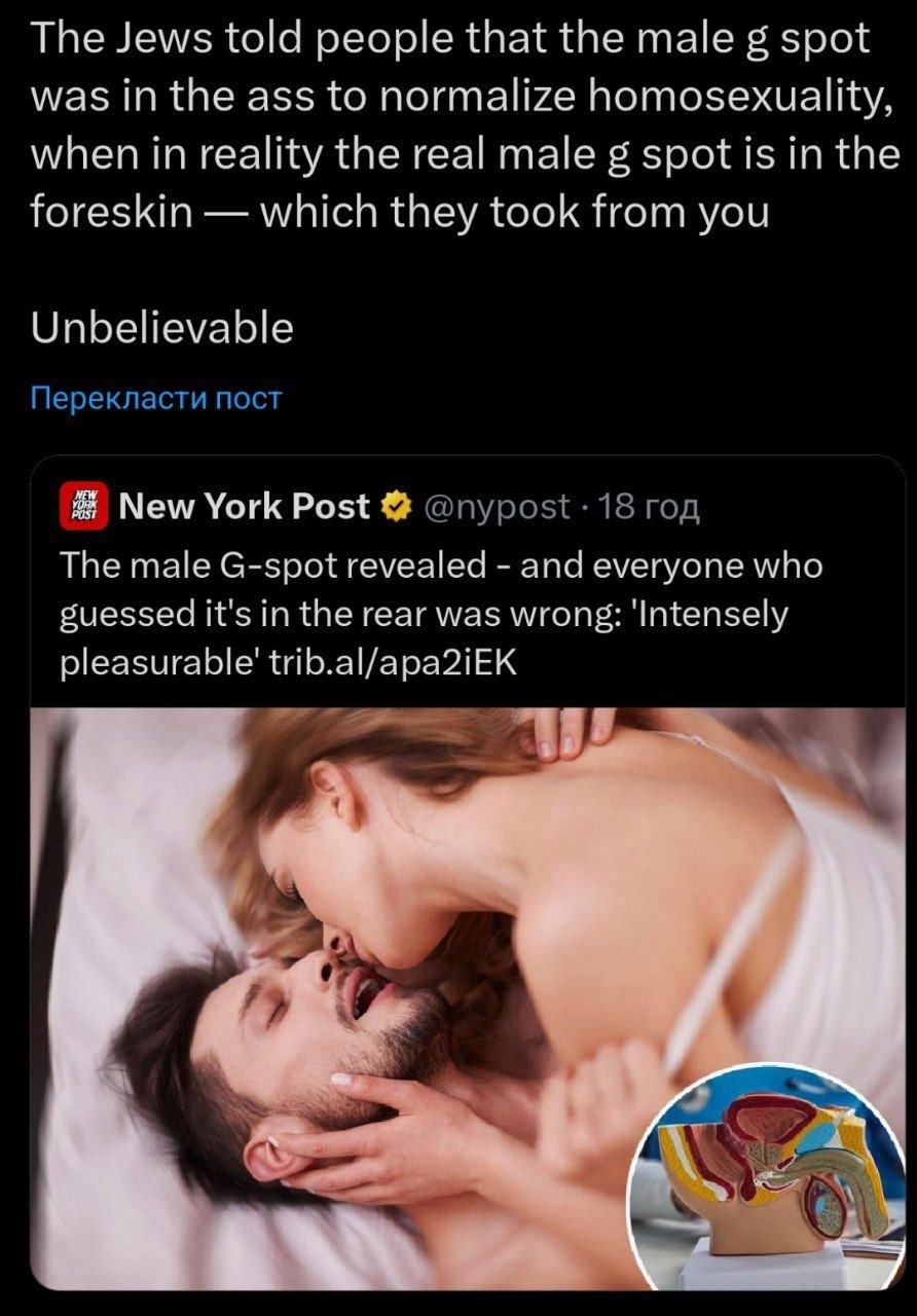 The Jews told people that the male spot was in the ass to normalize homosexuality, when in reality the real male spot is in the foreskin which they took from you Unbelievable Перекласти пост New York 