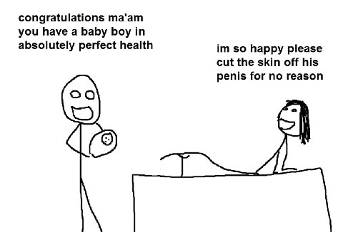 congratulations ma'am you have a baby boy in absolutely perfect health so happy please cut the skin off his penis for no reason