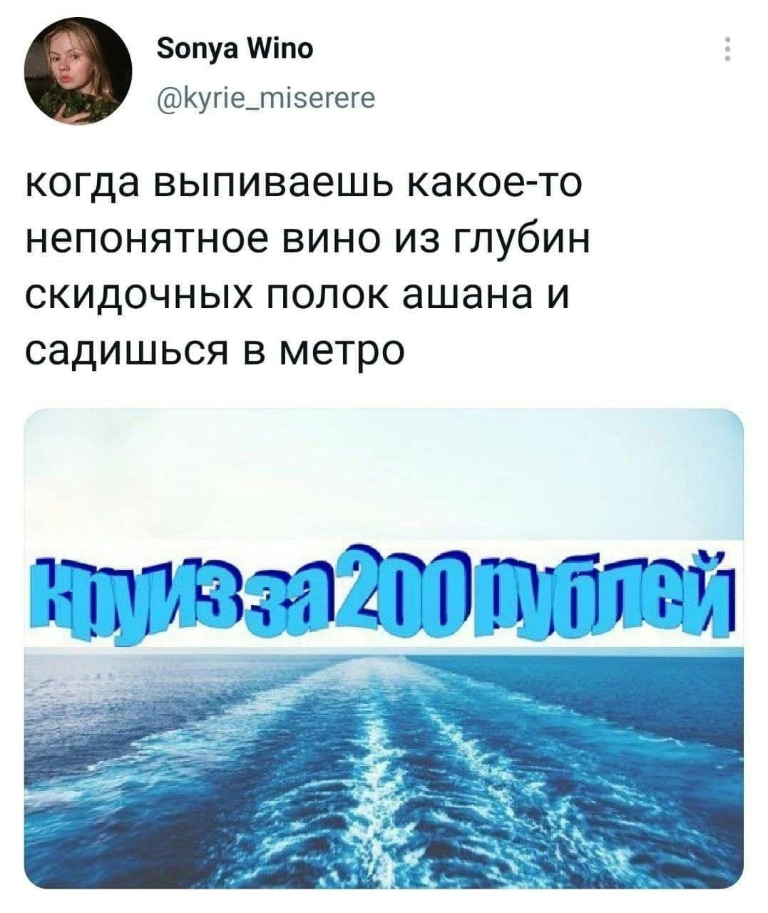 Sonya Wino @kyrie_miserere когда выпиваешь какое-то непонятное вино из глубин скидочных полок ашана и садишься в метро