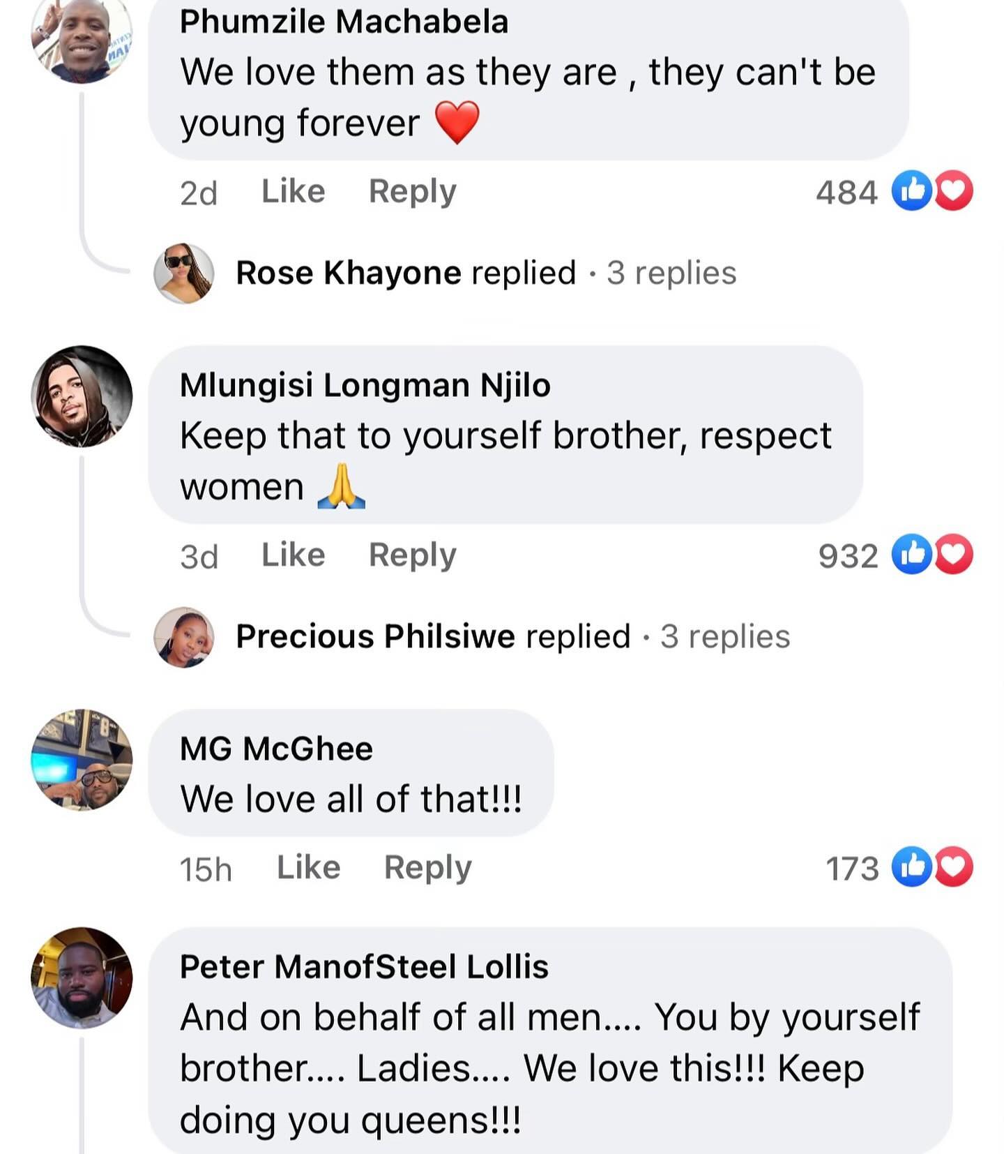 73 Phumzile Machabela love {Пет they are they can't be young forever Like Reply 484 Rose Khayone replied 3 replies Mlungisi Longman Keep that to yourself brother, respect women за Like’ Reply 932 Prec