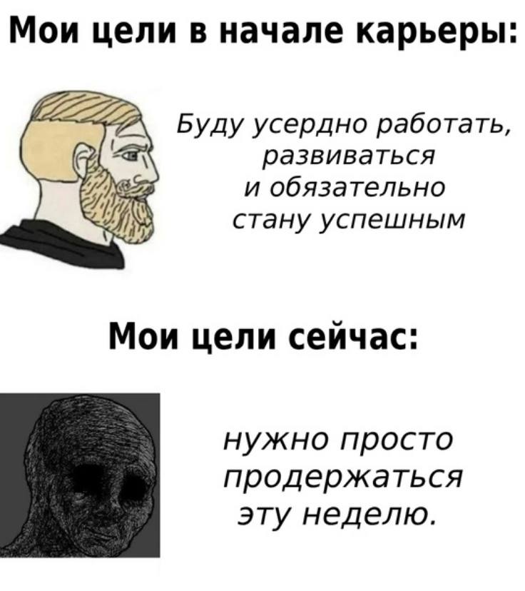 Мои цели в начале карьеры: Буду усердно работать, развиваться и обязательно стану успешным Мои цели сейчас: нужно просто продержаться эту неделю.