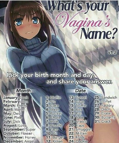 9 “Name: #7] 7. in 4 a birth monthyand day: an Month Date (2: Rie 14: Сауе March: Pretty 3: Саке April: Box) 28: May: Devil 29: Pixie 30: Butterfly, July: Dick Love, September:'Super 21: 7 ‘October: F