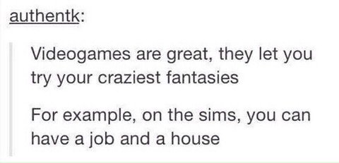 authentk: Videogames are great, they let you try your craziest fantasies For example, on the sims, you can have a job and a house