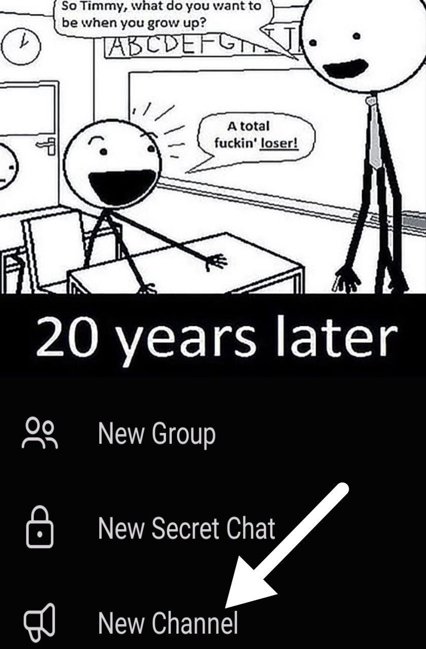 Timmy be when you tdoy A total fuckin’ loser! SES a 20 years later New Group New Secret Chat С New Channel