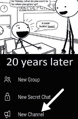 Timmy be when you tdoy A total fuckin’ loser! SES a 20 years later New Group New Secret Chat С New Channel