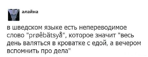 алайна в шведском языке есть непереводимое слово которое значит "весь день валяться в кроватке с едой, а вечером вспомнить про дела"