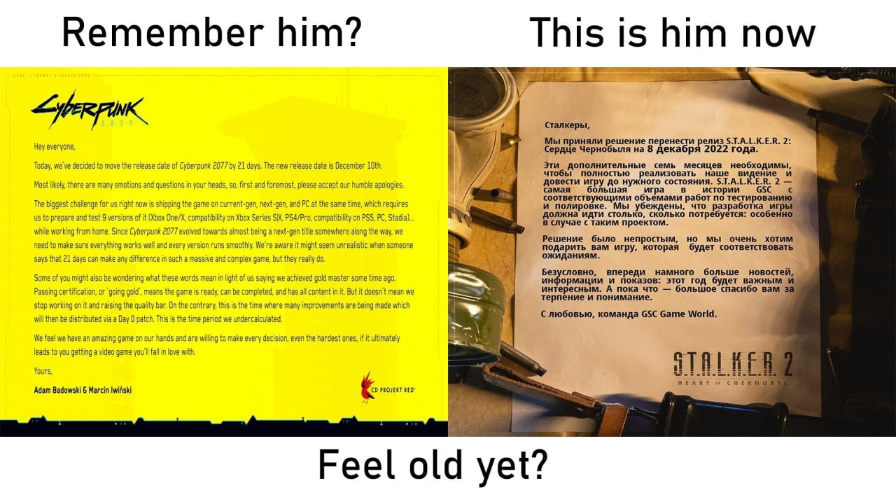 Remember him? This is him now Сталкеры, Hey everyone, Мы приняли решение перенести релиз 2: Сердце Чернобыля на 8 декабря 2022 года. Today, we've decid ied о move the release date of Cyberpunk 2077 21