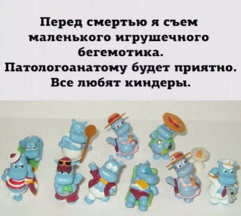 Перед смертью я съем маленького игрушечного бегемотика. Патологоанатому будет приятно. Все любят киндеры.