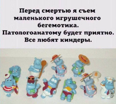Перед смертью я съем маленького игрушечного бегемотика. Патологоанатому будет приятно. Все любят киндеры.