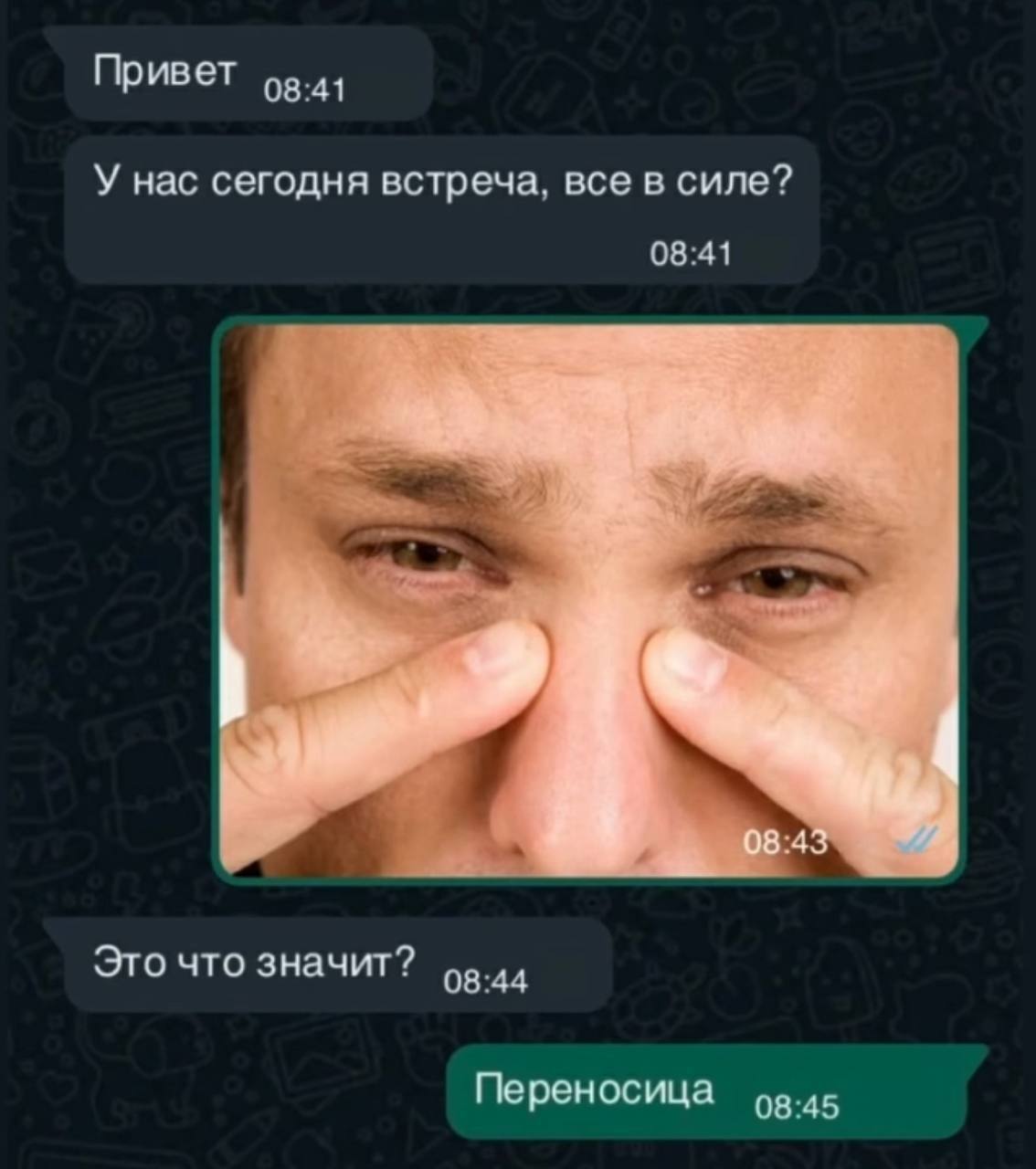 Привет 08:41 У нас сегодня встреча, все в силе? 08:41 Это что значит? 08:44 Переносица
