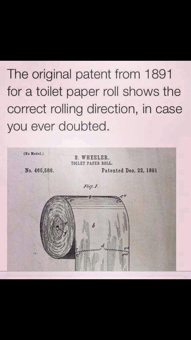 The original patent from 1891 for a toilet paper roll shows the correct rolling direction, in case you ever doubted. Model 8. HEE LER, No. 465,588. Deo, 22, 1891