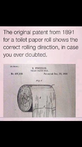 The original patent from 1891 for a toilet paper roll shows the correct rolling direction, in case you ever doubted. Model 8. HEE LER, No. 465,588. Deo, 22, 1891