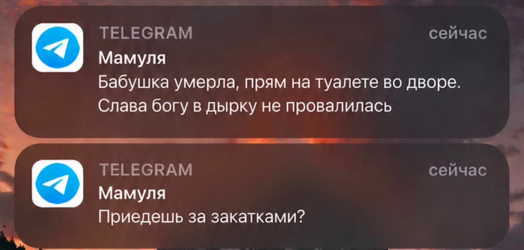 TELEGRAM сейчас Мамуля Бабушка умерла, прям на туалете во дворе. Слава богу в дырку не провалилась TELEGRAM сейчас Mamyna Приедешь за закатками?