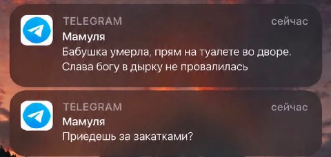TELEGRAM сейчас Мамуля Бабушка умерла, прям на туалете во дворе. Слава богу в дырку не провалилась TELEGRAM сейчас Mamyna Приедешь за закатками?