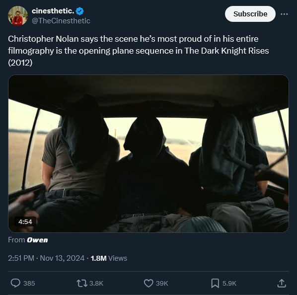 cinesthetic. subscribe Christopher Nolan says the scene he’s most proud of his entire filmography is the opening plane sequence in The Dark Knight Rises (2012) у 4:54 Ошеп