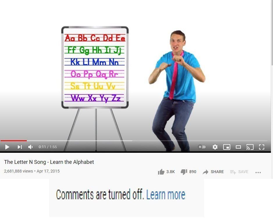 0:11 1:55 The Letter Song Learn the Alphabet 2,681,888 views Apr 17, 2015 1@ 890 SHARE Comments are tumed off. Learn more