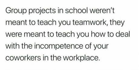 Group projects in school weren't meant to teach you teamwork, they were meant to teach you how to deal with the incompetence of your coworkers in the workplace.