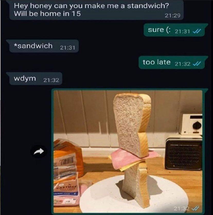 Hey honey can you make me а standwich? Will be 21:29 sure 21:31 *sandwich 21:31 too late 21:32 wdym 21:32 И owe
