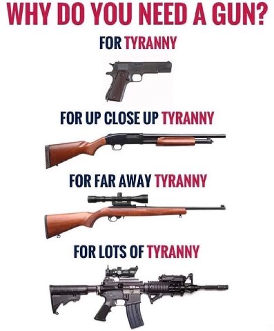 WHY YOU NEED A GUN? FOR TYRANNY FOR UP CLOSE UP TYRANNY FOR FAR AWAY TYRANNY FOR TYRANNY